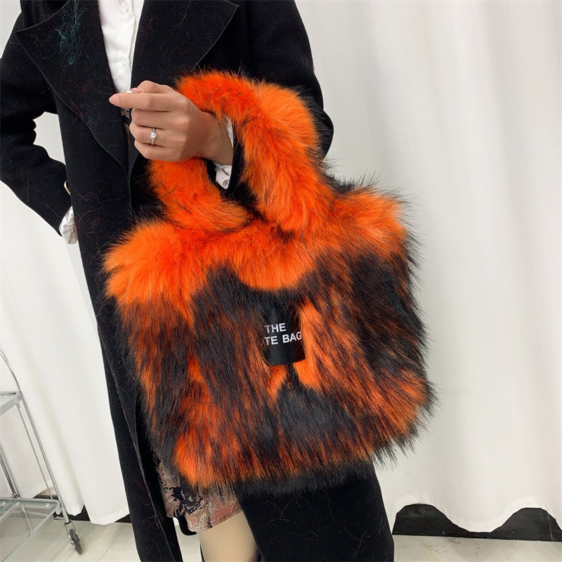 Crossbody Tote Bag Imitation Raccoon Fur Grass Plush Large Capacity Tote Bag Personalized Retro - Korvel