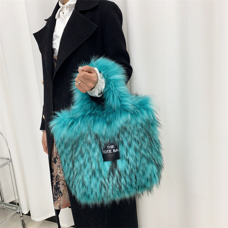 Crossbody Tote Bag Imitation Raccoon Fur Grass Plush Large Capacity Tote Bag Personalized Retro - Korvel