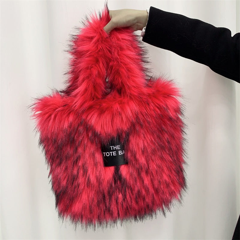 Crossbody Tote Bag Imitation Raccoon Fur Grass Plush Large Capacity Tote Bag Personalized Retro - Korvel