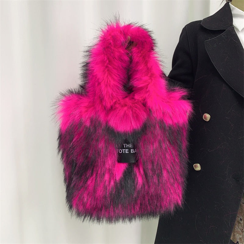 Crossbody Tote Bag Imitation Raccoon Fur Grass Plush Large Capacity Tote Bag Personalized Retro - Korvel