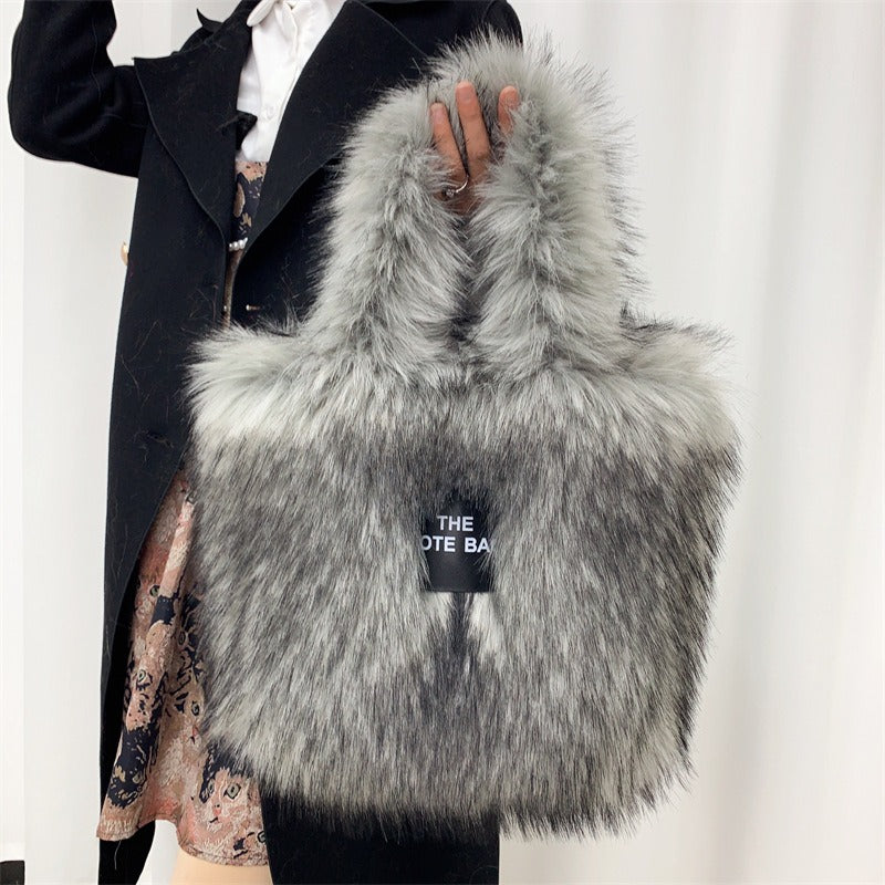 Crossbody Tote Bag Imitation Raccoon Fur Grass Plush Large Capacity Tote Bag Personalized Retro - Korvel