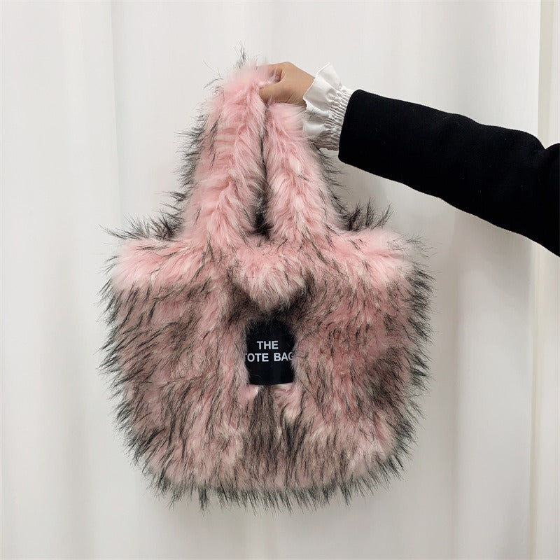 Crossbody Tote Bag Imitation Raccoon Fur Grass Plush Large Capacity Tote Bag Personalized Retro - Korvel