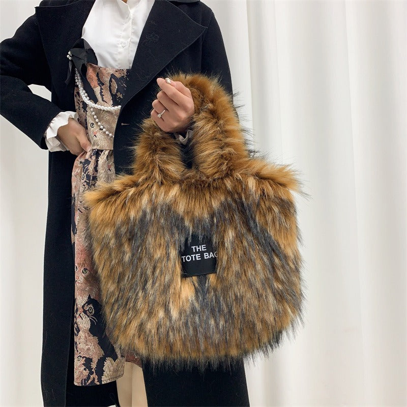 Crossbody Tote Bag Imitation Raccoon Fur Grass Plush Large Capacity Tote Bag Personalized Retro - Korvel