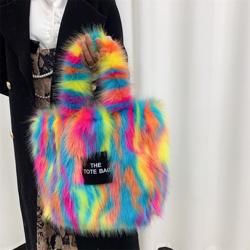 Crossbody Tote Bag Imitation Raccoon Fur Grass Plush Large Capacity Tote Bag Personalized Retro - Korvel