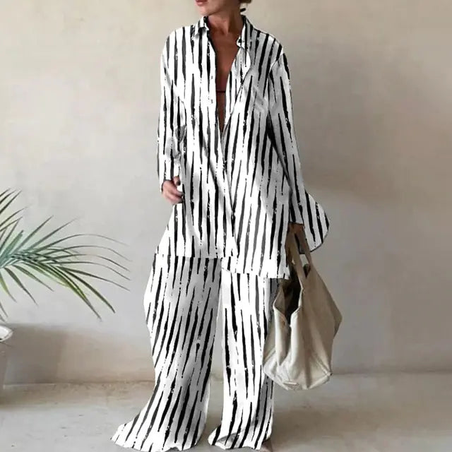 Conjunto de Pantalones de Rayas Sueltos Elegantes con Top de Manga Larga