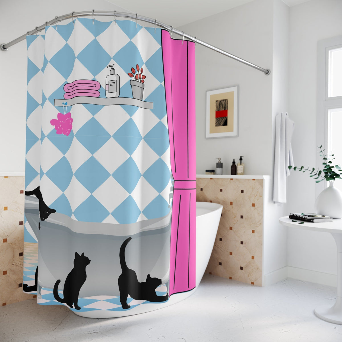Curiosity in the Clawfoot Cat Shower Curtain