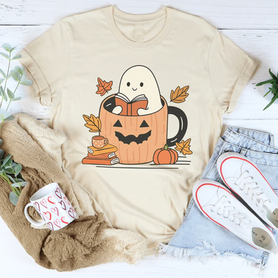 Cute Bookish Ghost In A Pumpkin Cup Tee