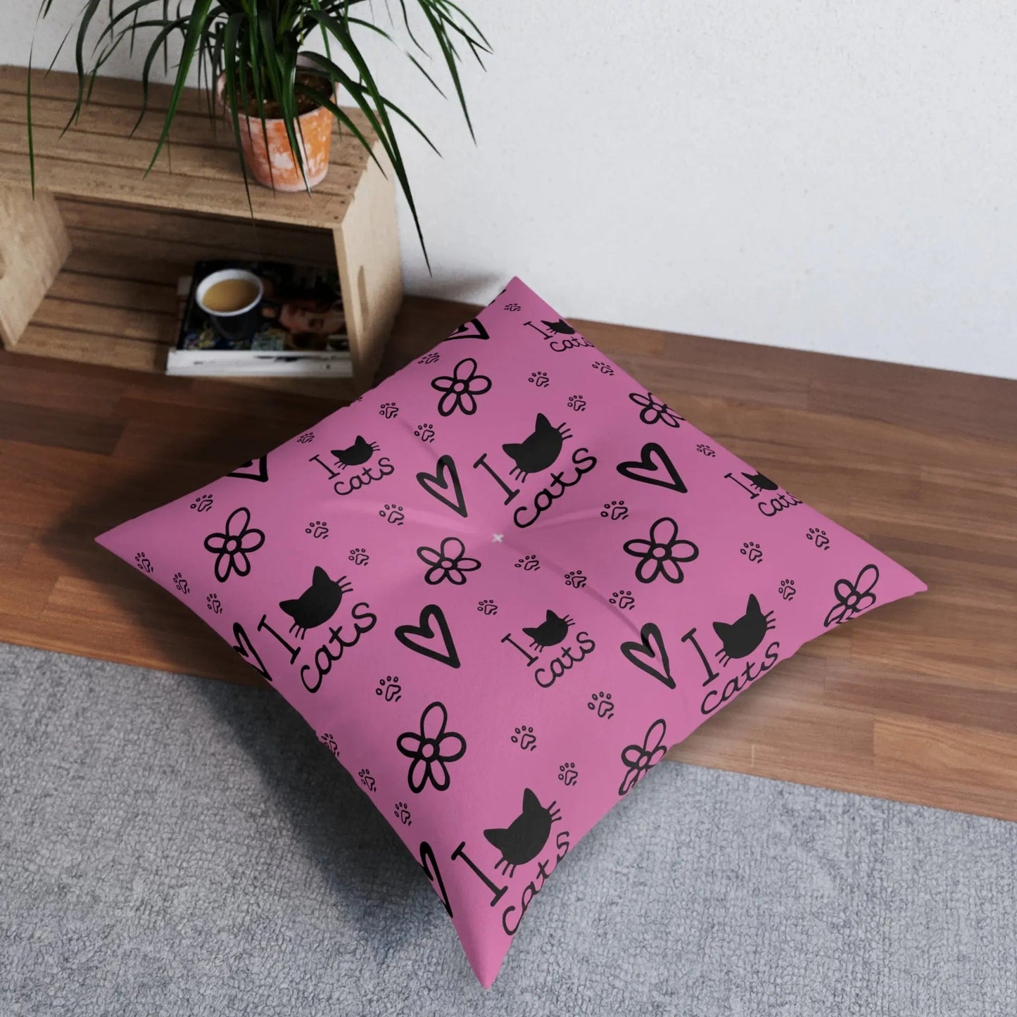 Cute Cat Lover Tufted Floor Pillow - I Love Cats Design