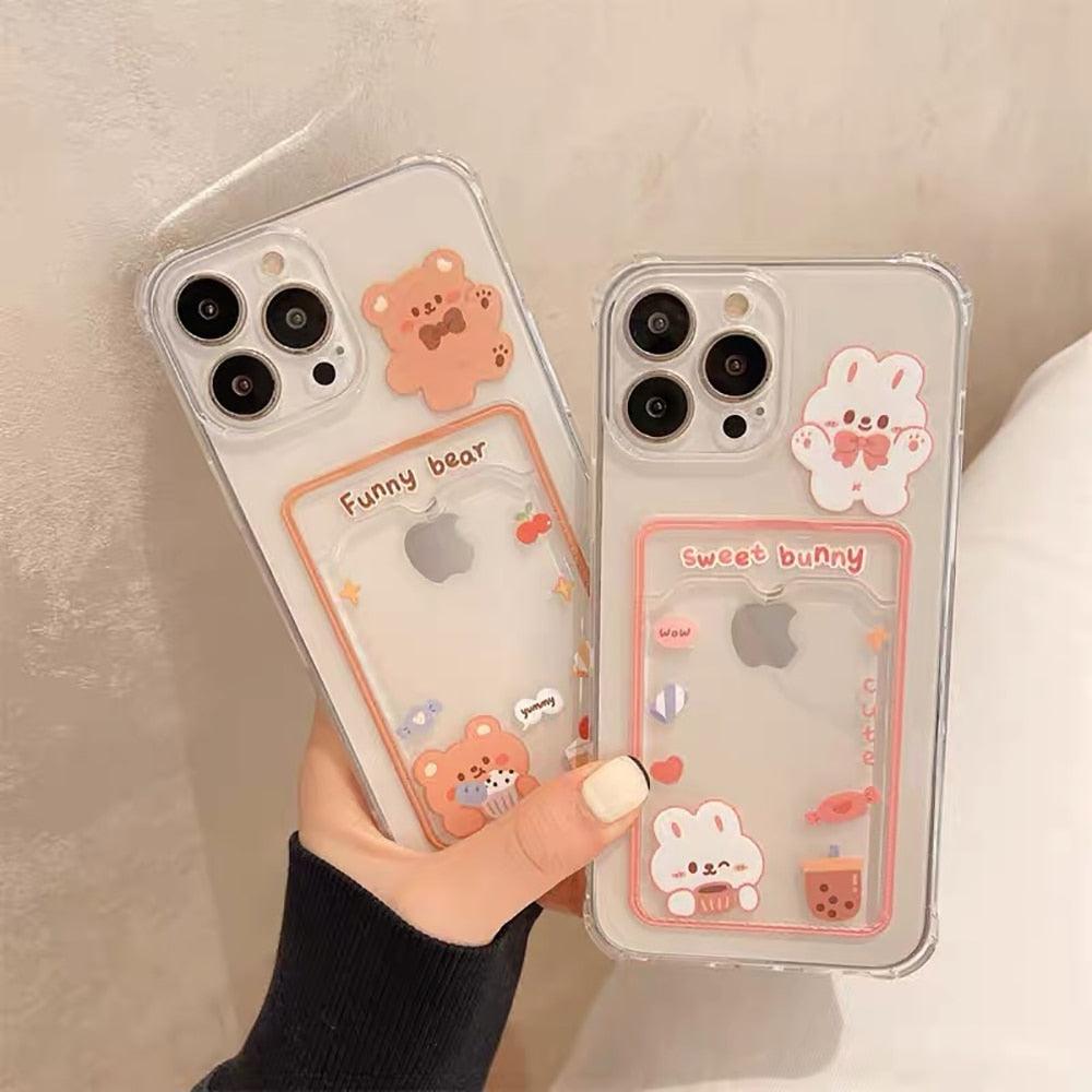 Adorable Floral Bear Clear Phone Case for iPhone 14/13/12/11/XS/XR/8/7 with Card Holder - Korvel