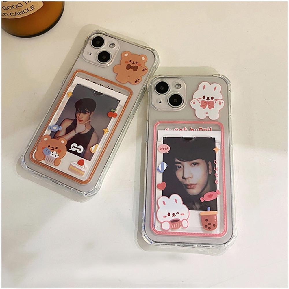 Adorable Floral Bear Clear Phone Case for iPhone 14/13/12/11/XS/XR/8/7 with Card Holder - Korvel