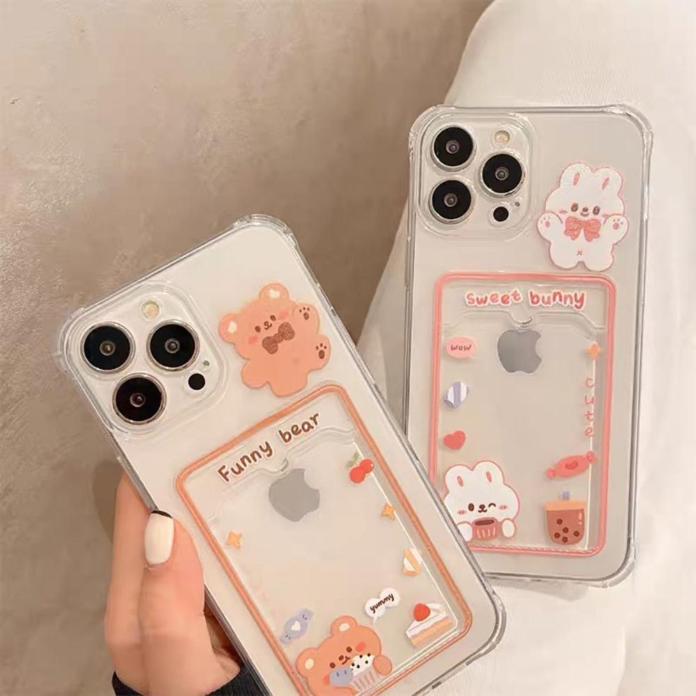 Adorable Floral Bear Clear Phone Case for iPhone 14/13/12/11/XS/XR/8/7 with Card Holder - Korvel