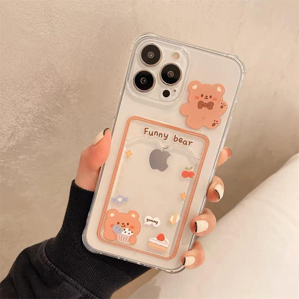 Adorable Floral Bear Clear Phone Case for iPhone 14/13/12/11/XS/XR/8/7 with Card Holder - Korvel