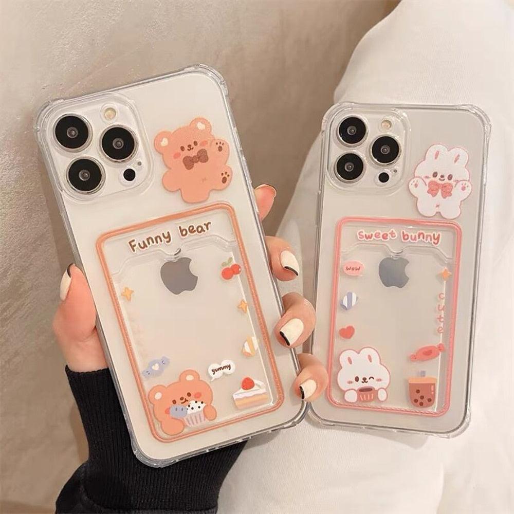 Adorable Floral Bear Clear Phone Case for iPhone 14/13/12/11/XS/XR/8/7 with Card Holder - Korvel