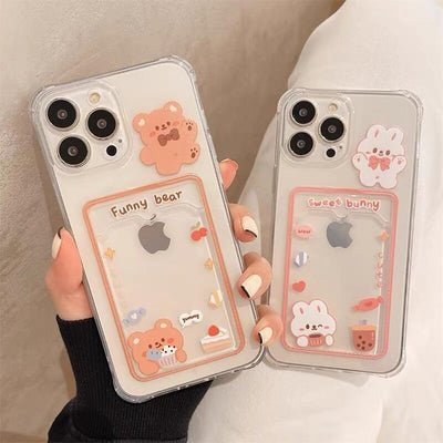Adorable Floral Bear Clear Phone Case for iPhone 14/13/12/11/XS/XR/8/7 with Card Holder - Korvel