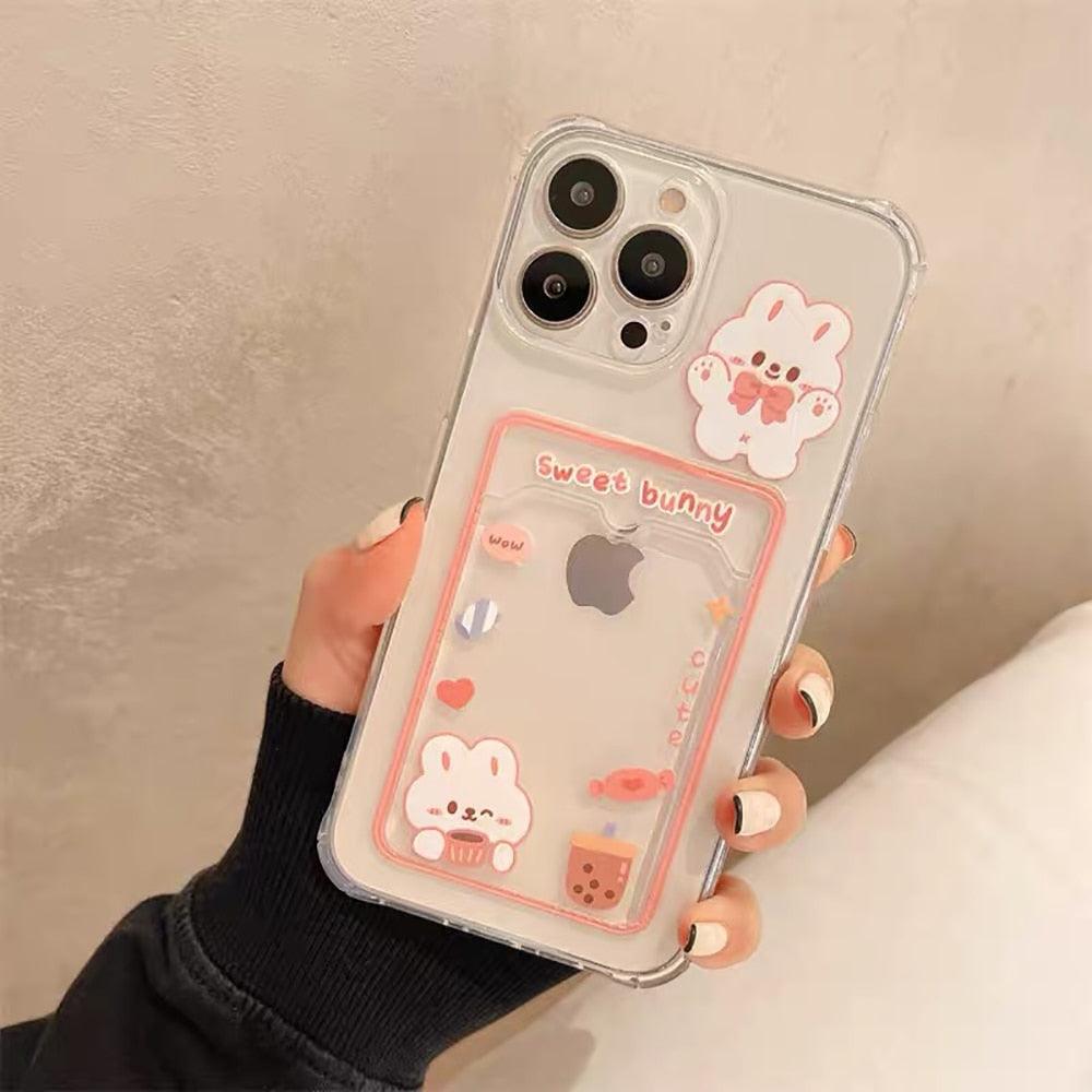 Adorable Floral Bear Clear Phone Case for iPhone 14/13/12/11/XS/XR/8/7 with Card Holder - Korvel