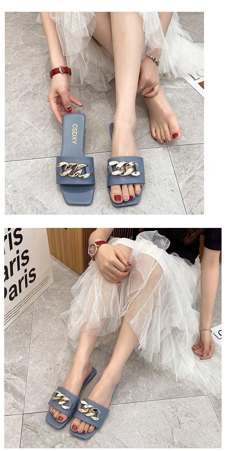 Sandalias de cadena de punta cuadrada para mujeres con estilo
