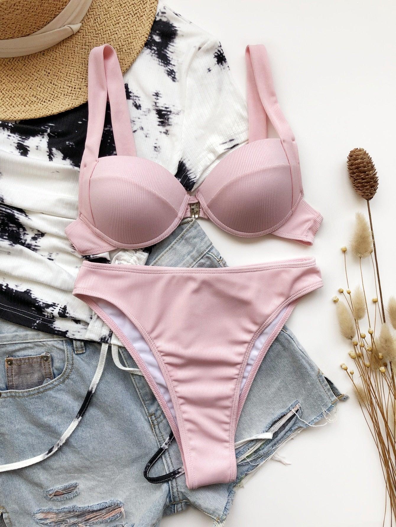 Elegant High Waist Solid Color Bikini Set for Women