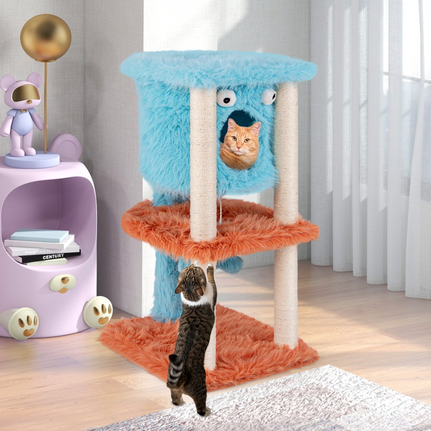 Cute Monster-Themed Cat Tower with Plush Condo - Blue