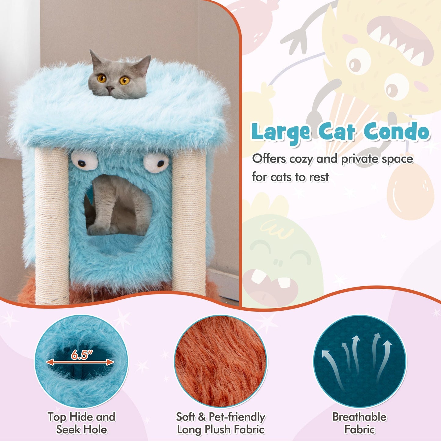 Cute Monster-Themed Cat Tower with Plush Condo - Blue