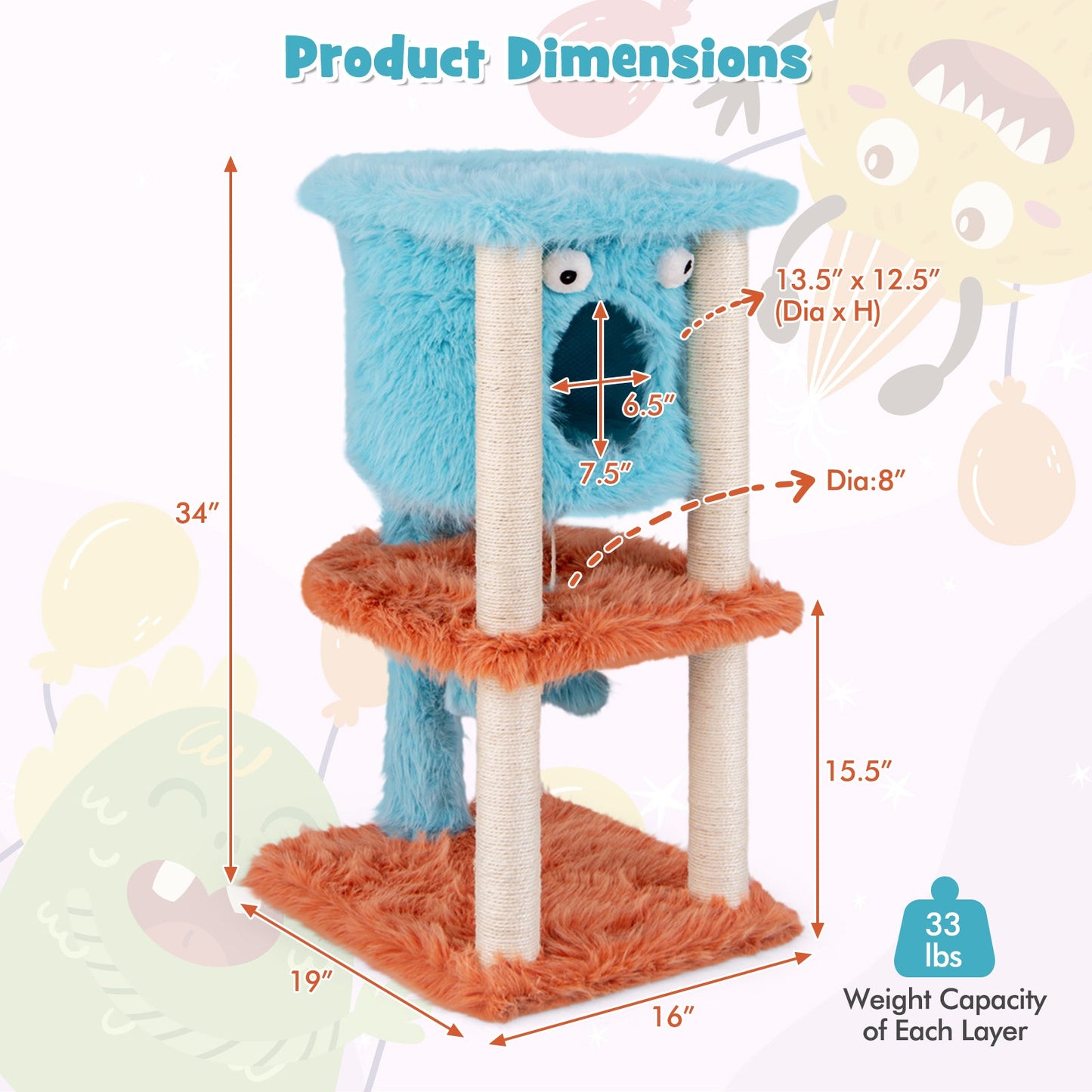 Cute Monster-Themed Cat Tower with Plush Condo - Blue