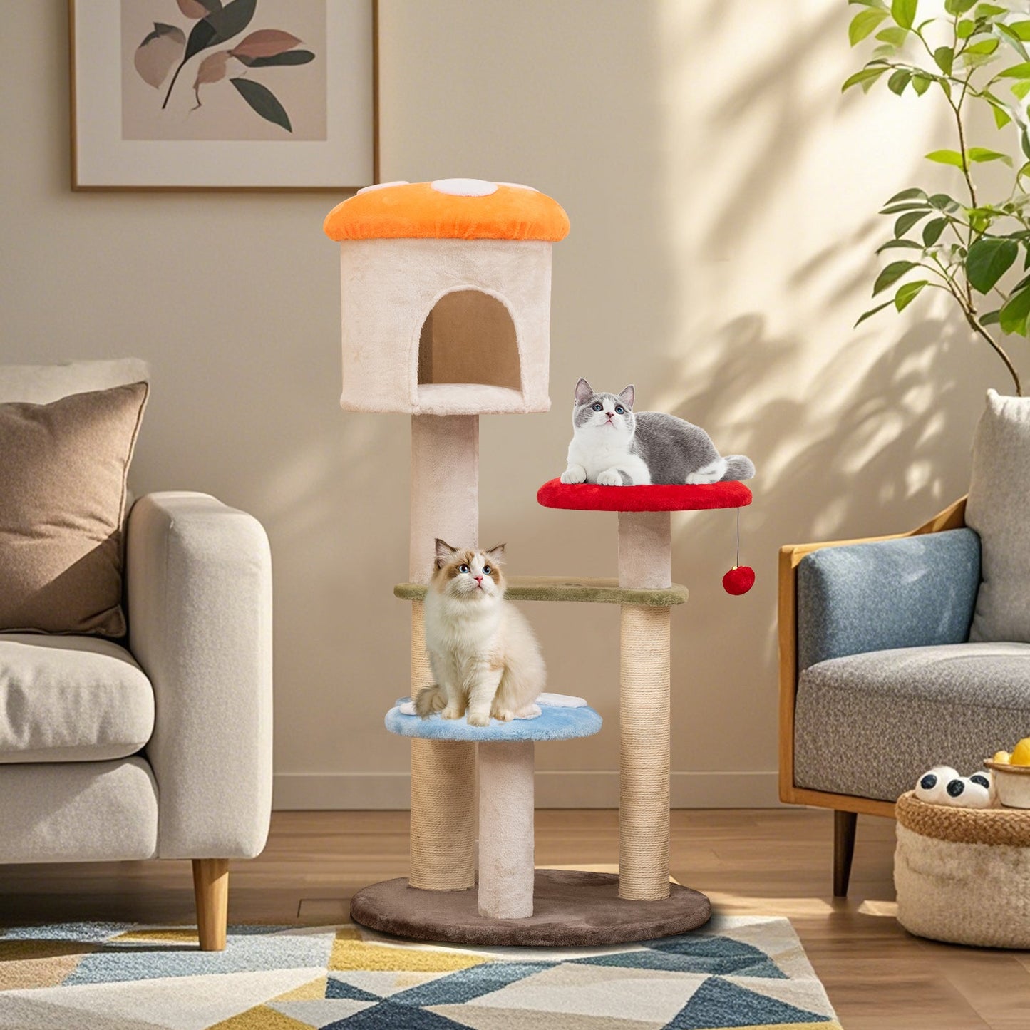 Árbol para Gatos en Forma de Hongo con Postes de Rascado de Sisal