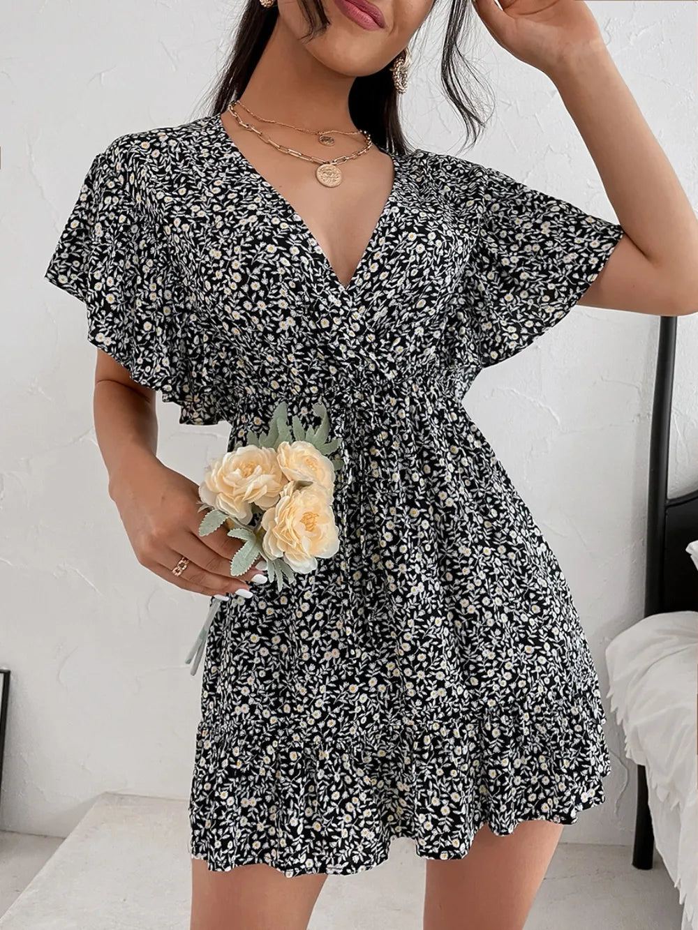 Cutout Ditsy Floral Surplice Flounce Sleeve Dress - Korvel