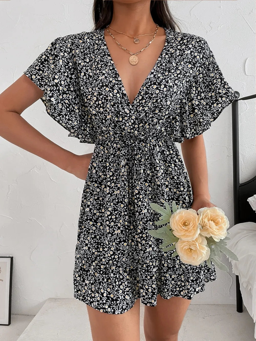Cutout Ditsy Floral Surplice Flounce Sleeve Dress - Korvel