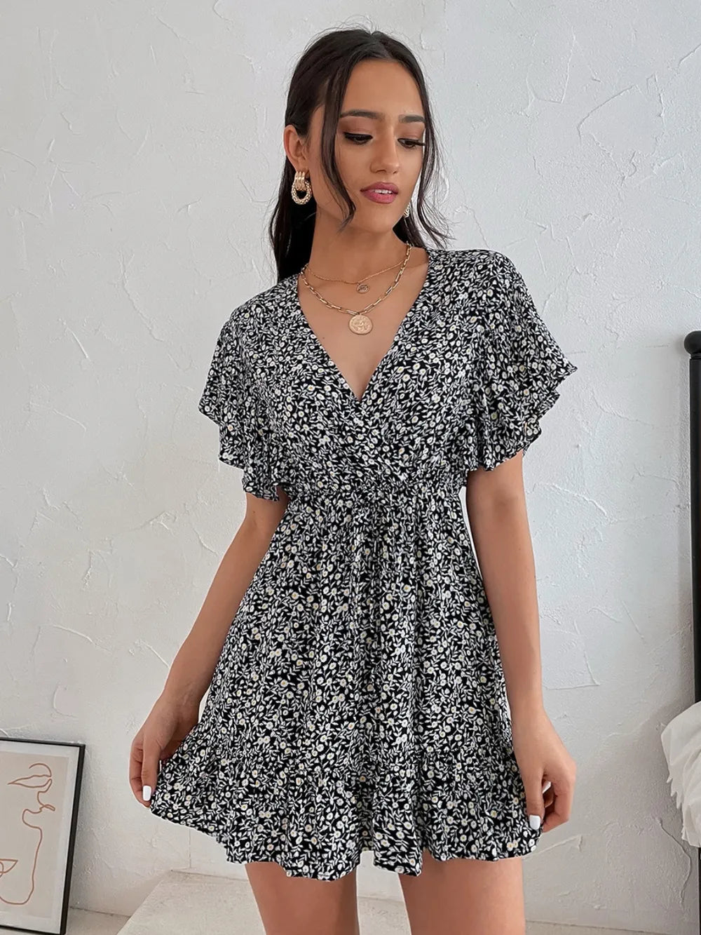 Cutout Ditsy Floral Surplice Flounce Sleeve Dress - Korvel
