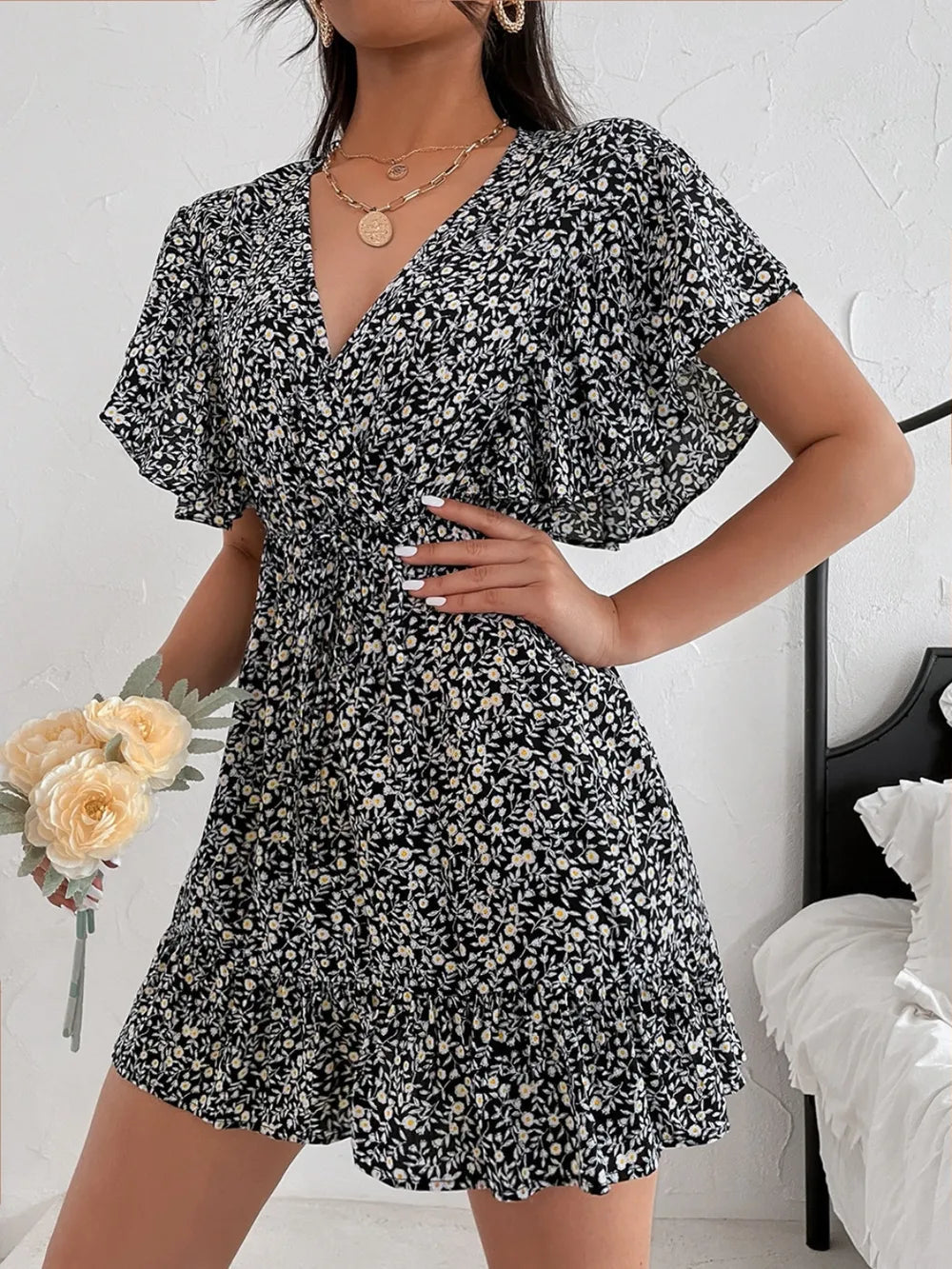 Cutout Ditsy Floral Surplice Flounce Sleeve Dress - Korvel