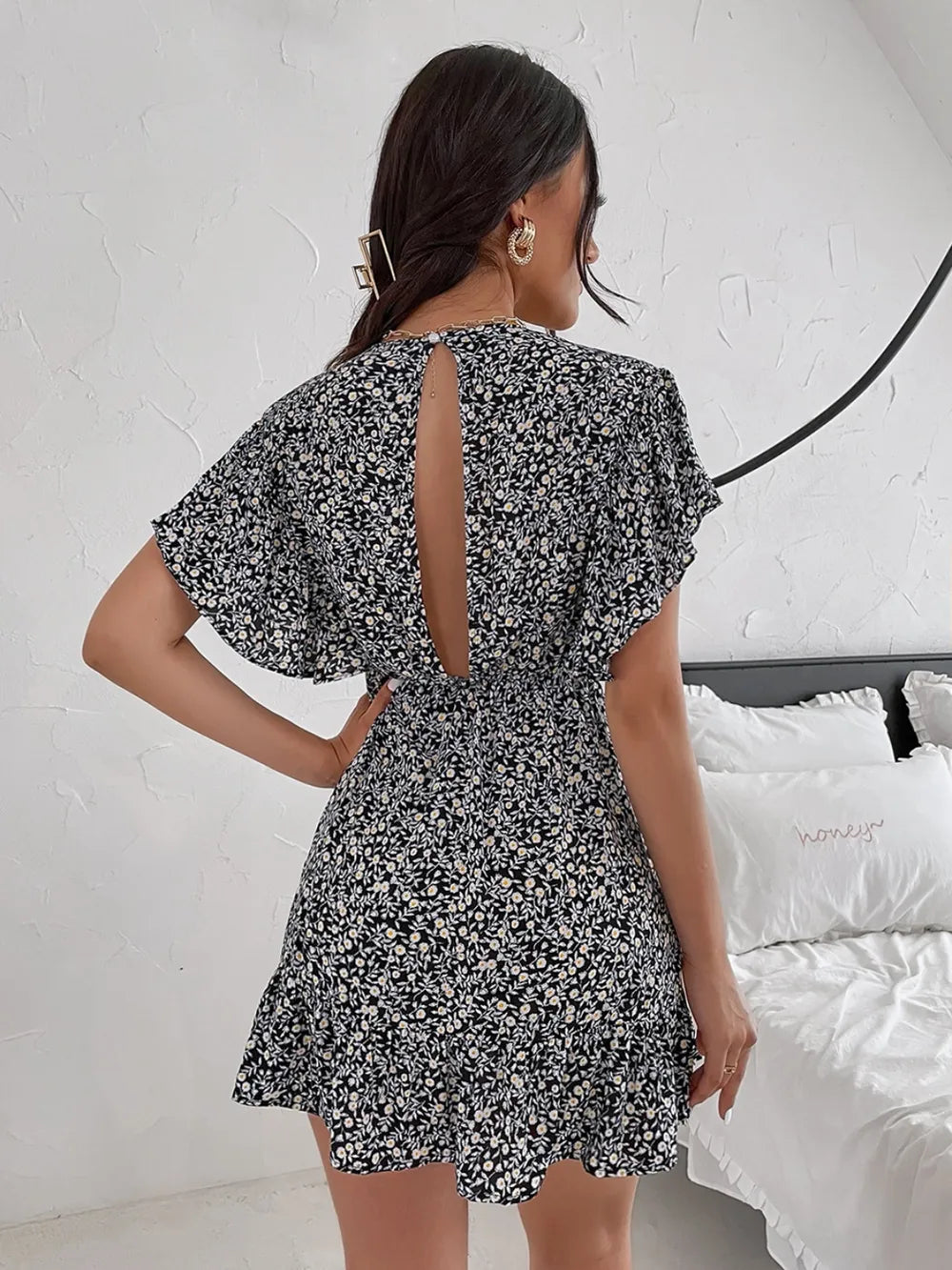 Cutout Ditsy Floral Surplice Flounce Sleeve Dress - Korvel