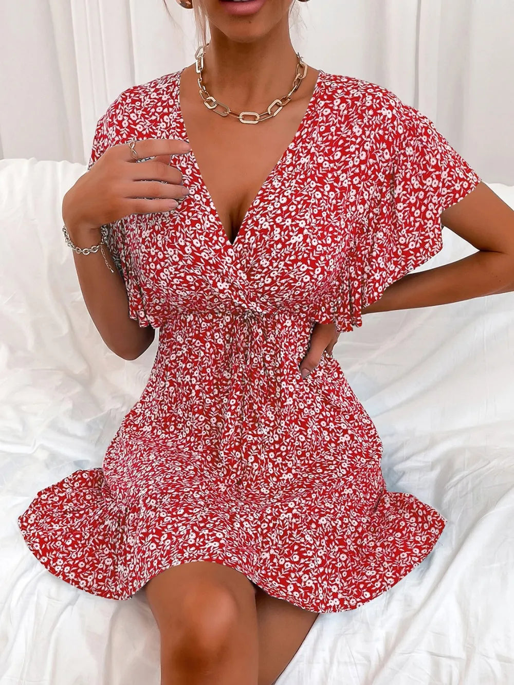 Cutout Ditsy Floral Surplice Flounce Sleeve Dress - Korvel