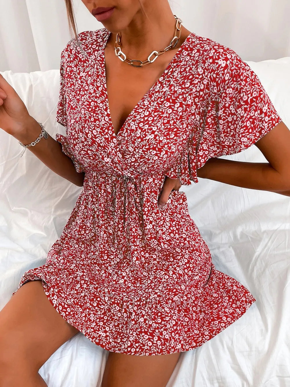 Cutout Ditsy Floral Surplice Flounce Sleeve Dress - Korvel