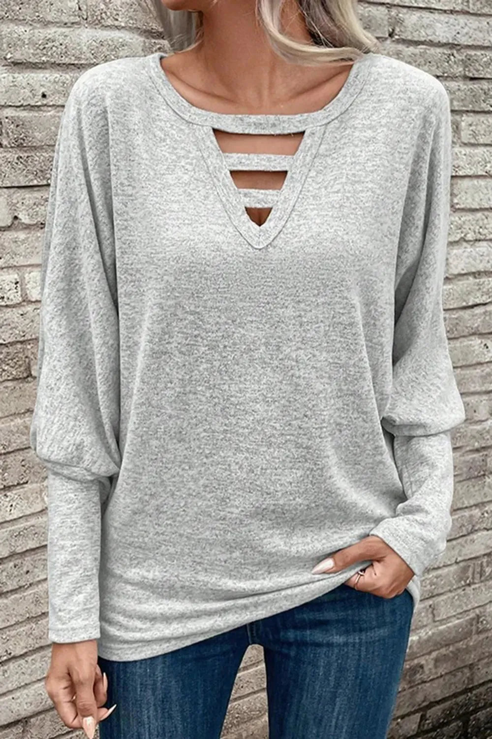 Cutout Round Neck Long Sleeve T-Shirt - Korvel