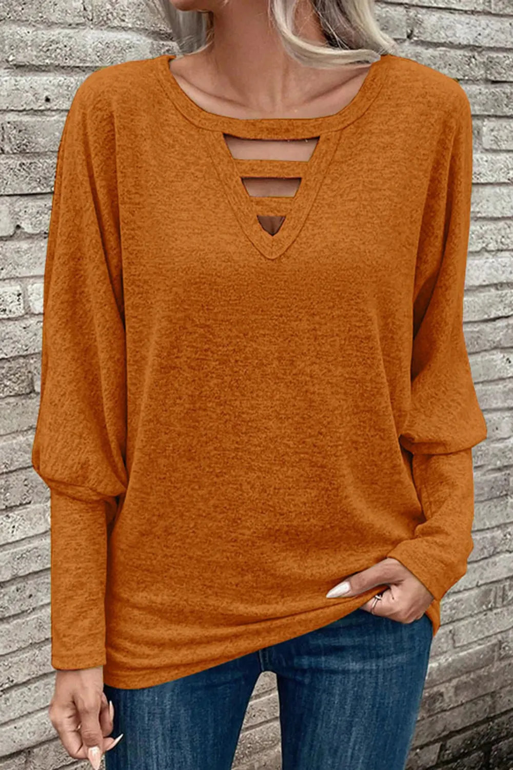 Cutout Round Neck Long Sleeve T-Shirt - Korvel
