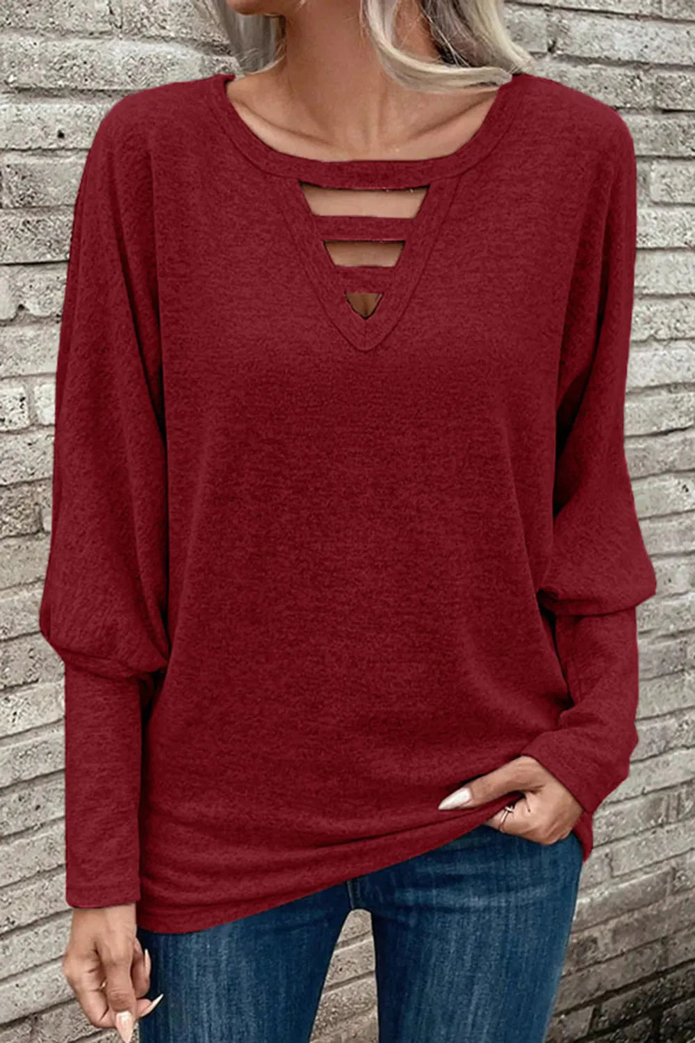 Cutout Round Neck Long Sleeve T-Shirt - Korvel