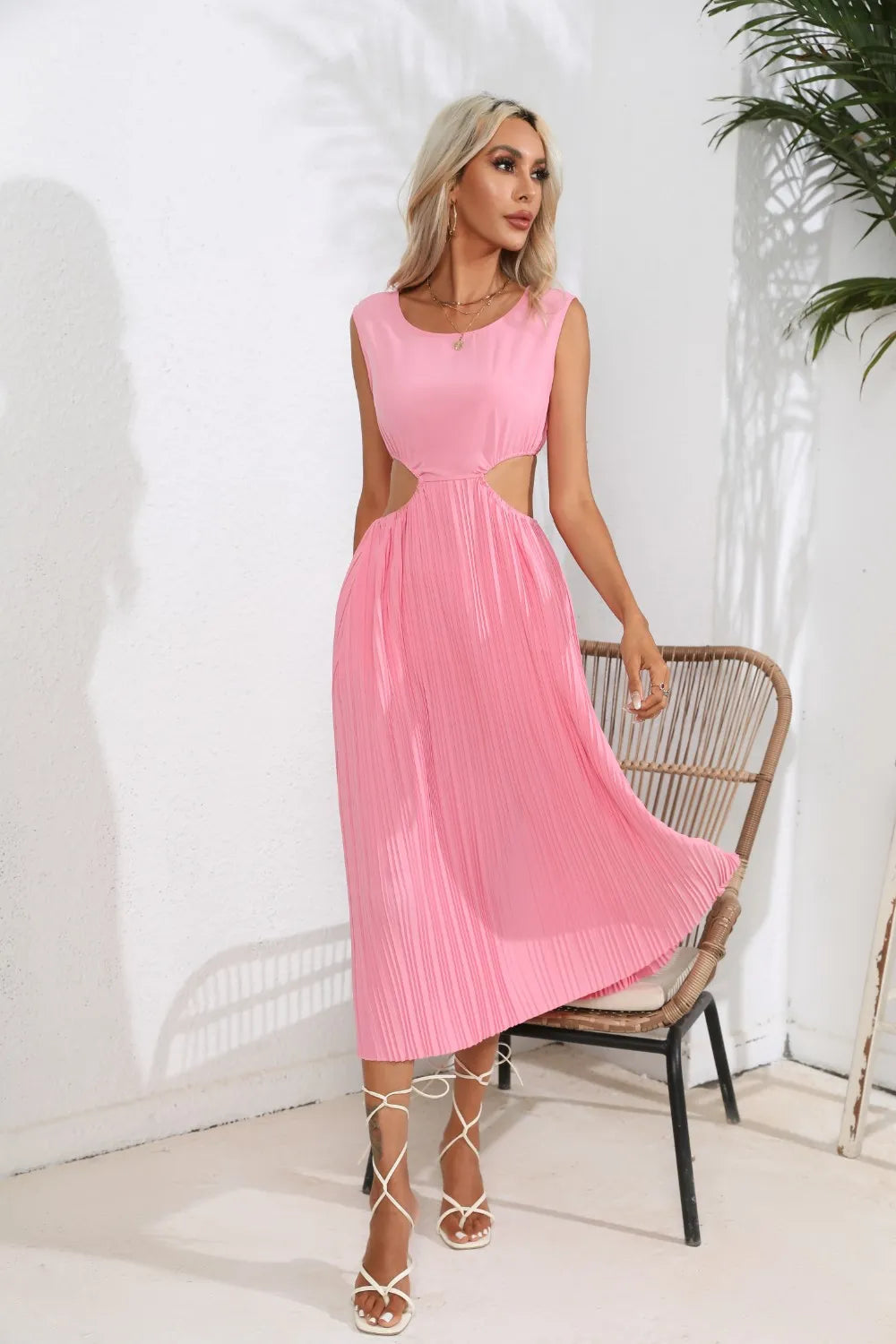 Cutout Ruched Round Neck Tank Dress - Korvel