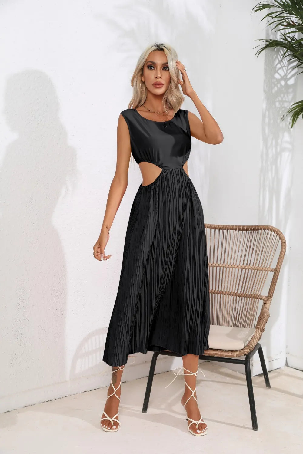 Cutout Ruched Round Neck Tank Dress - Korvel