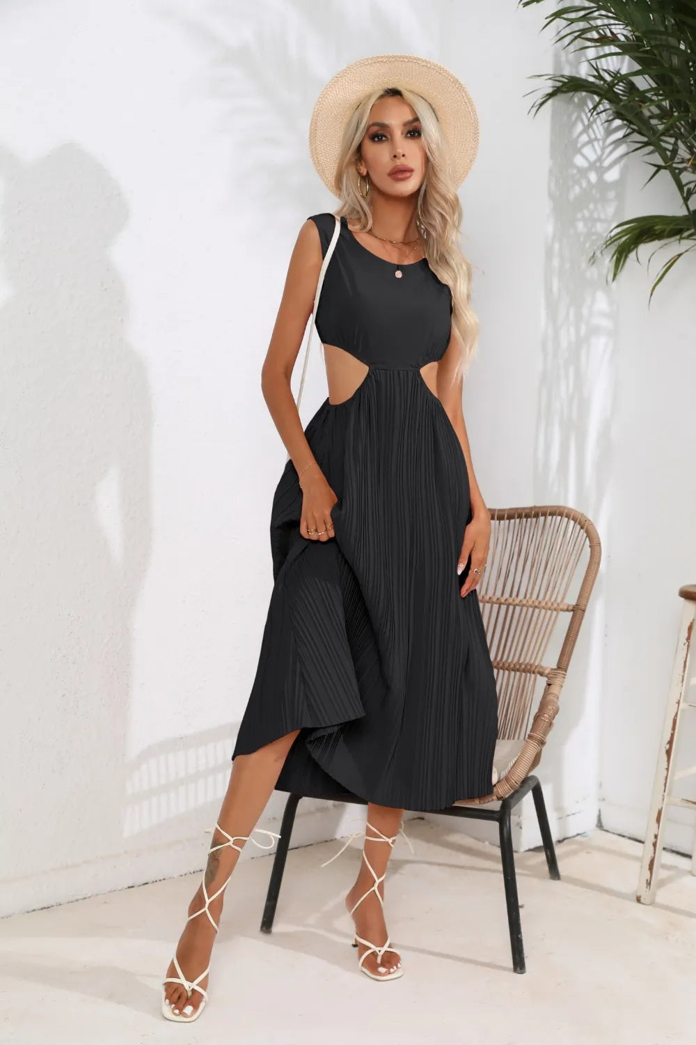 Cutout Ruched Round Neck Tank Dress - Korvel