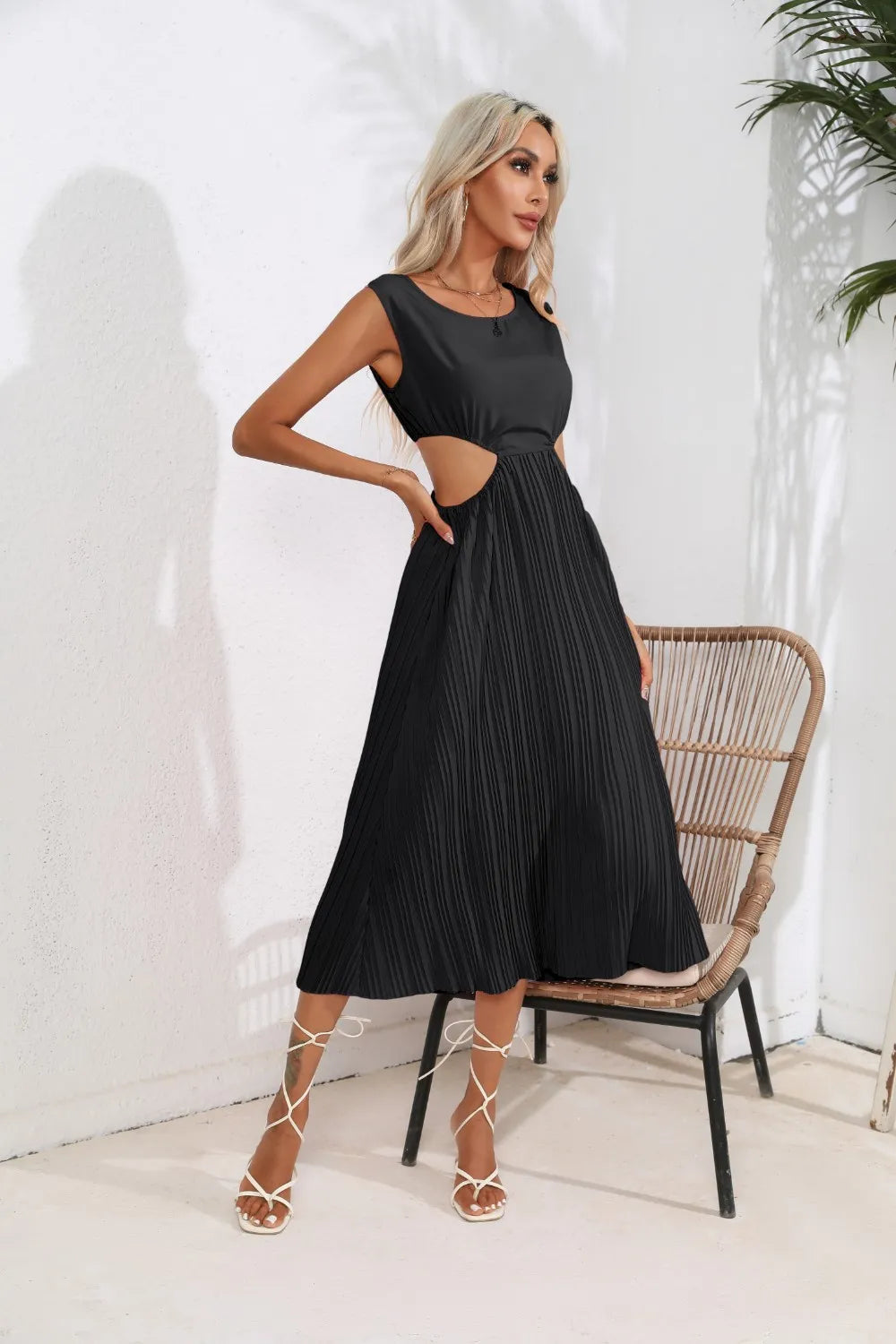 Cutout Ruched Round Neck Tank Dress - Korvel