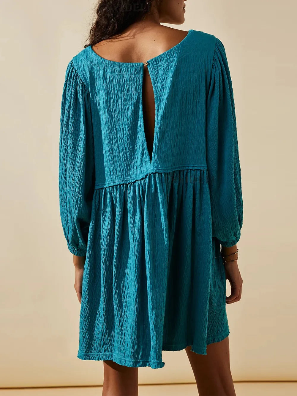 Cutout Textured Long Sleeve Mini Dress - Korvel