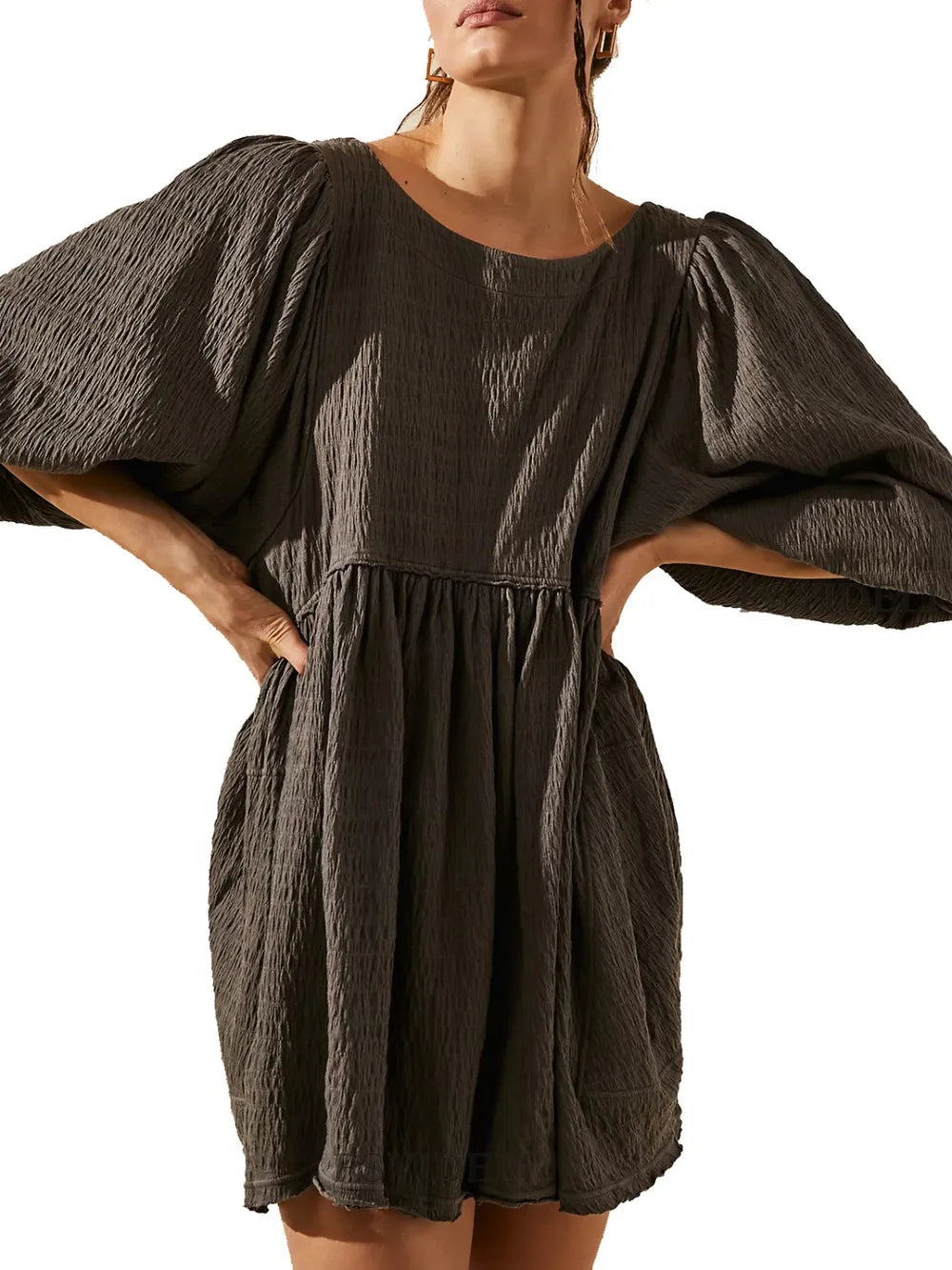 Cutout Textured Long Sleeve Mini Dress - Korvel