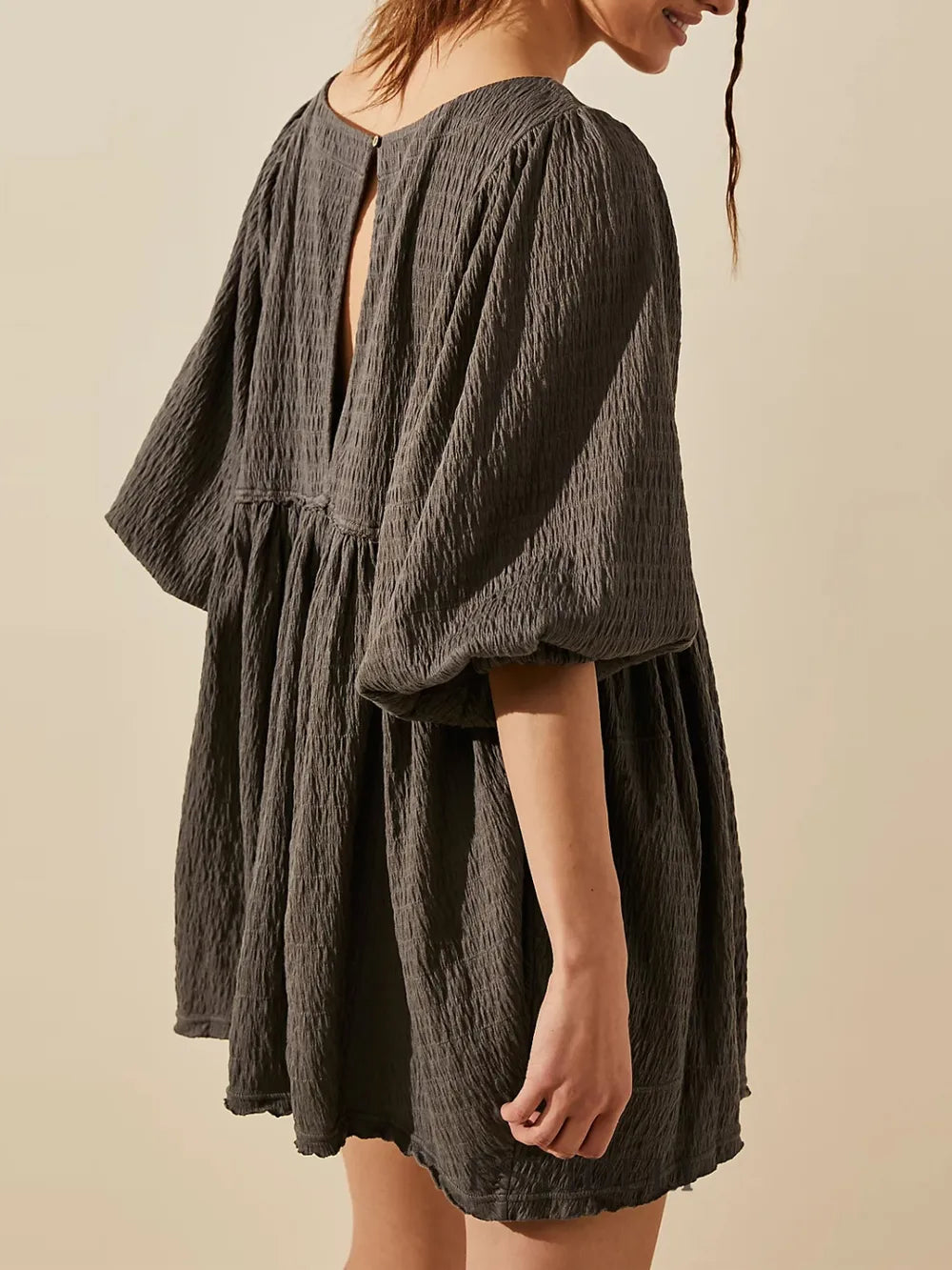 Cutout Textured Long Sleeve Mini Dress - Korvel