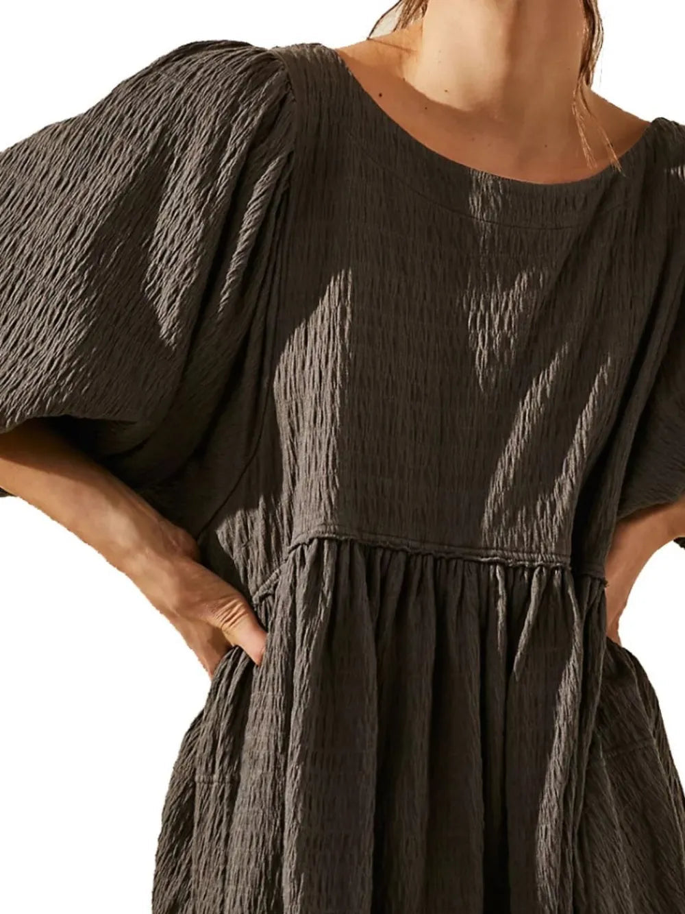 Cutout Textured Long Sleeve Mini Dress - Korvel