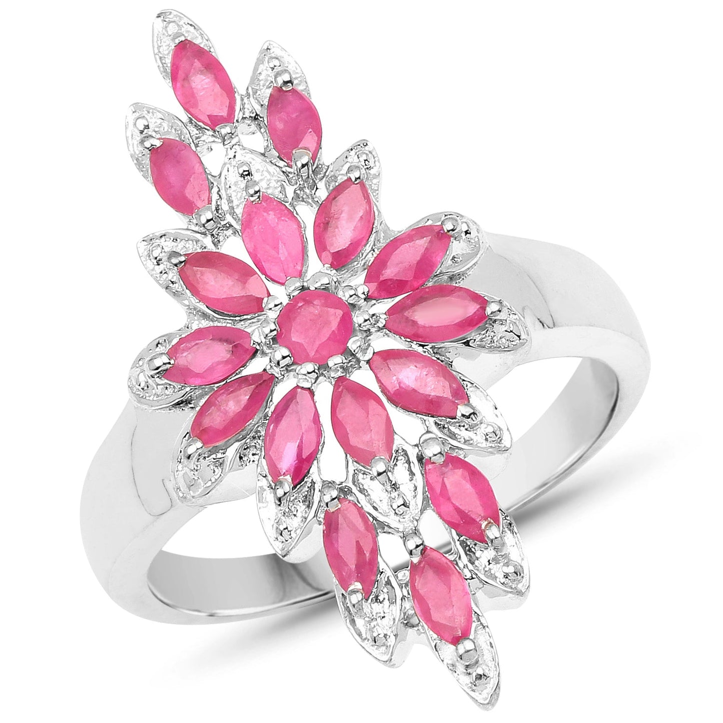 Anillo de Clúster de Rubíes Genuinos de 2.04 Quilates en Plata Esterlina
