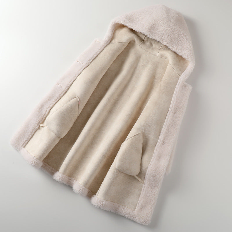 Elegant Women's Hooded Lambswool Coat