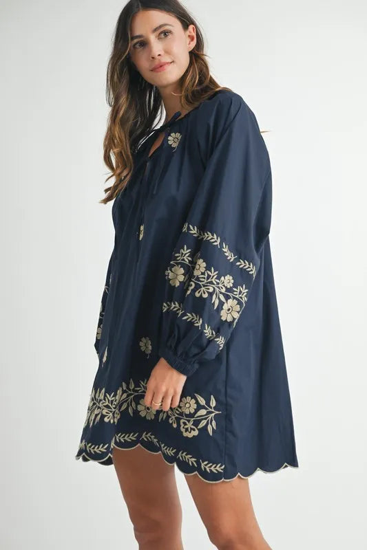 Embroidered Long Sleeve Peasant Mini Dress for Women