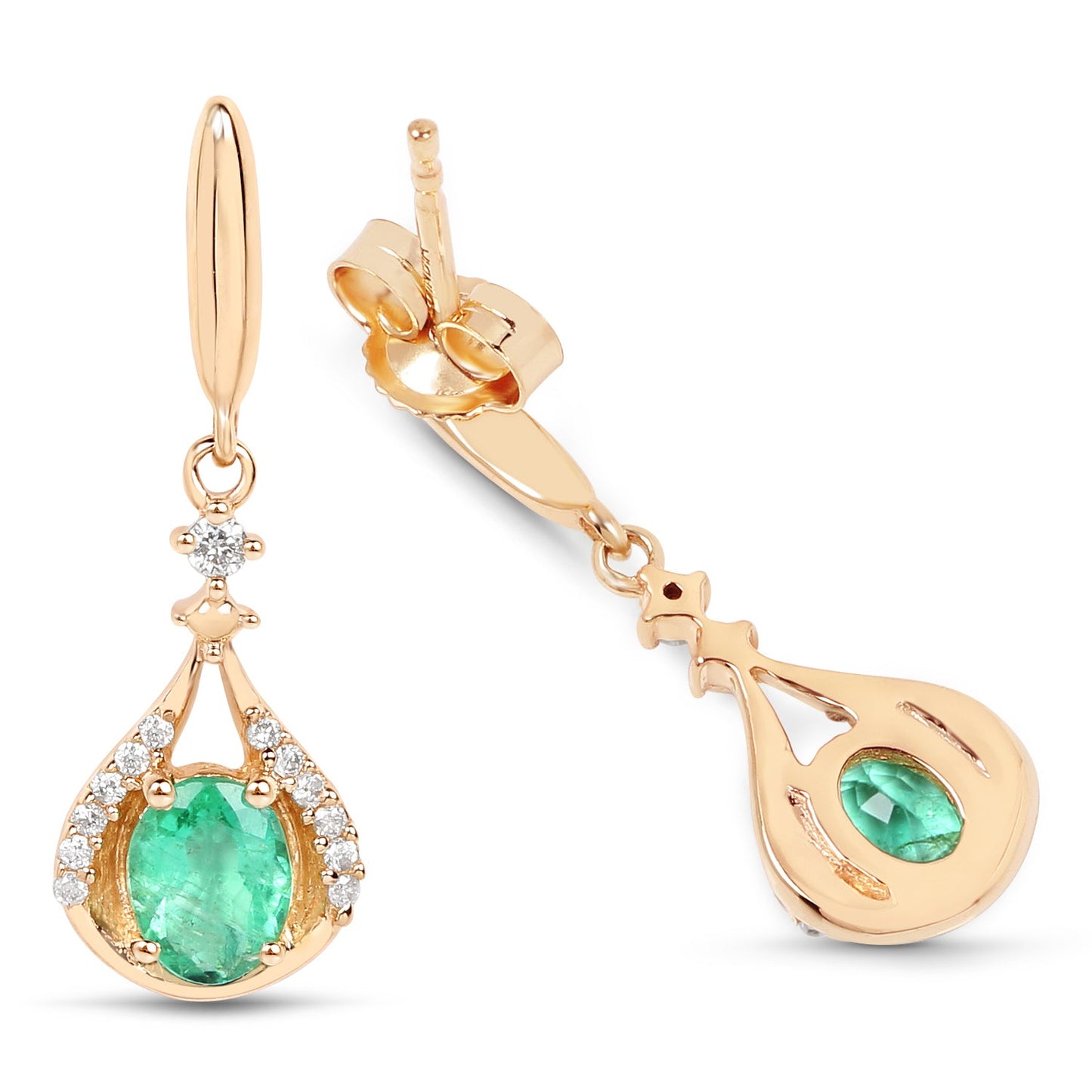 Pendientes de Esmeralda Zambiana y Diamante de 0.70 Quilates en Oro Amarillo de 14K