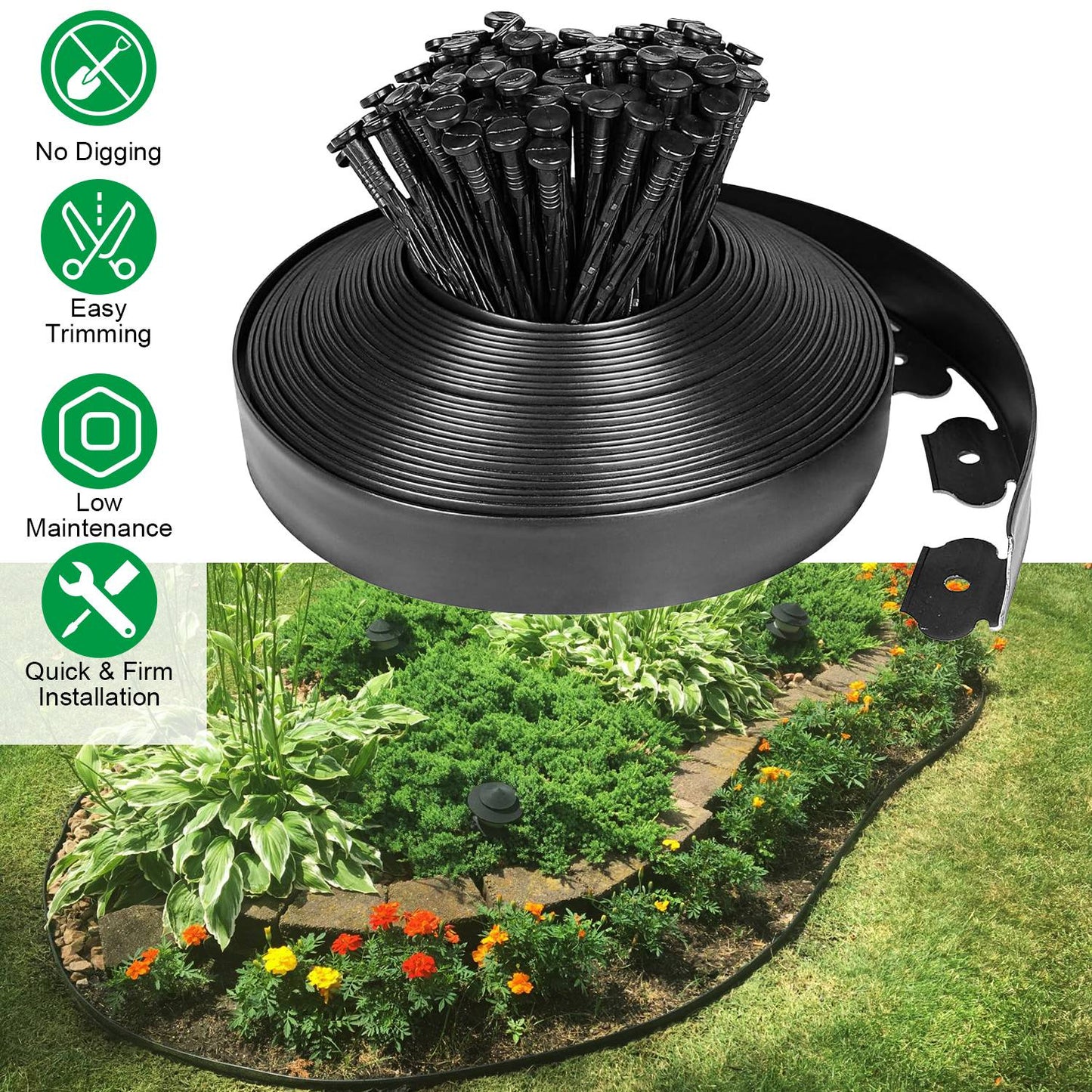 Kit de Bordes de Jardín de Plástico de 60FT sin Excavar con 54 Clavos