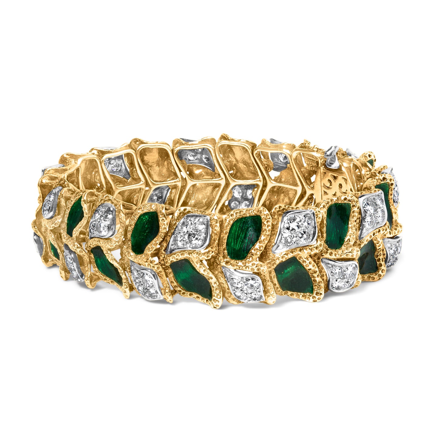 Pulsera de Diamantes y Esmalte Verde de Oro Amarillo de 18K - 7 Pulgadas