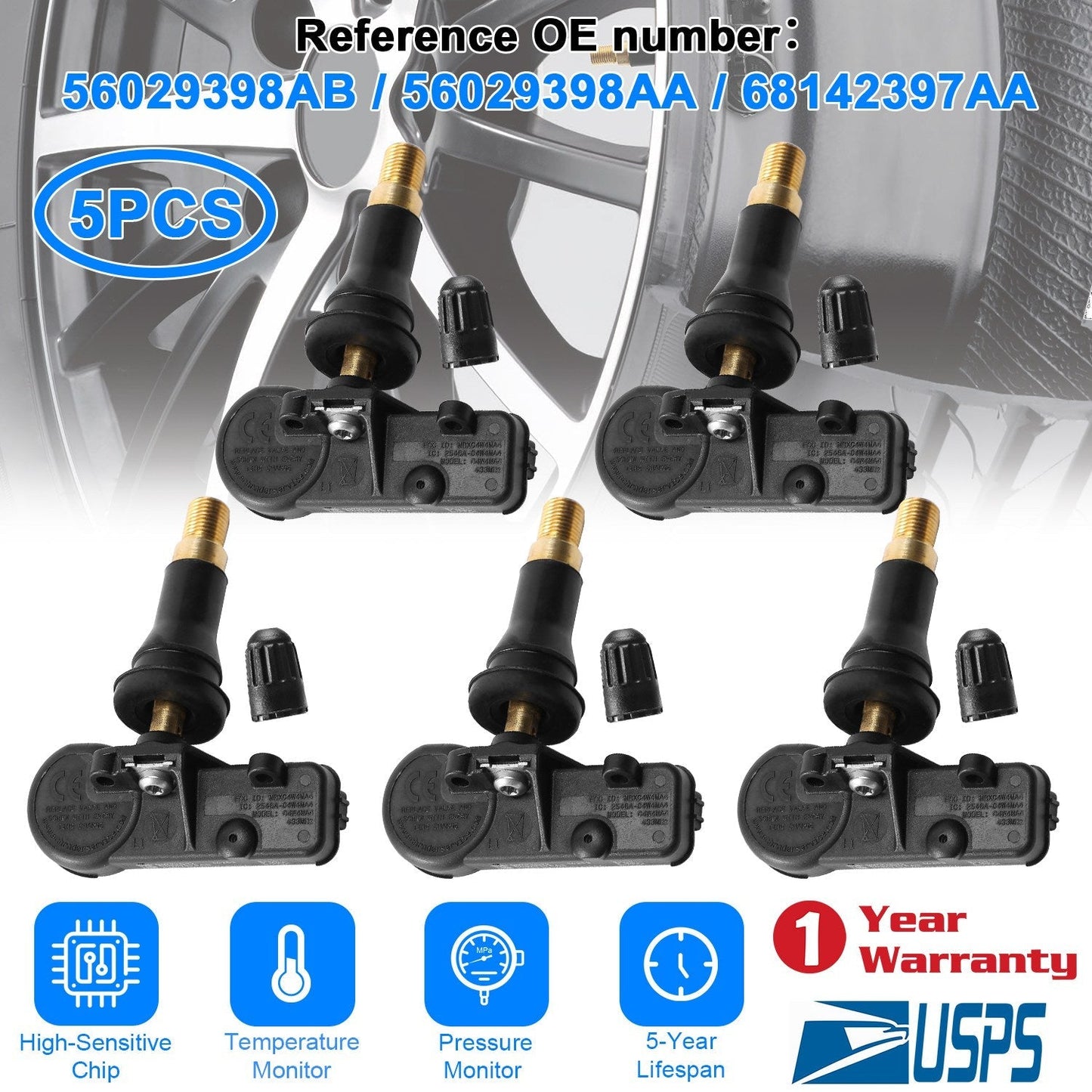 5PCS TPMS Tire Pressure Sensors for Jeep Chrysler Dodge Ram
